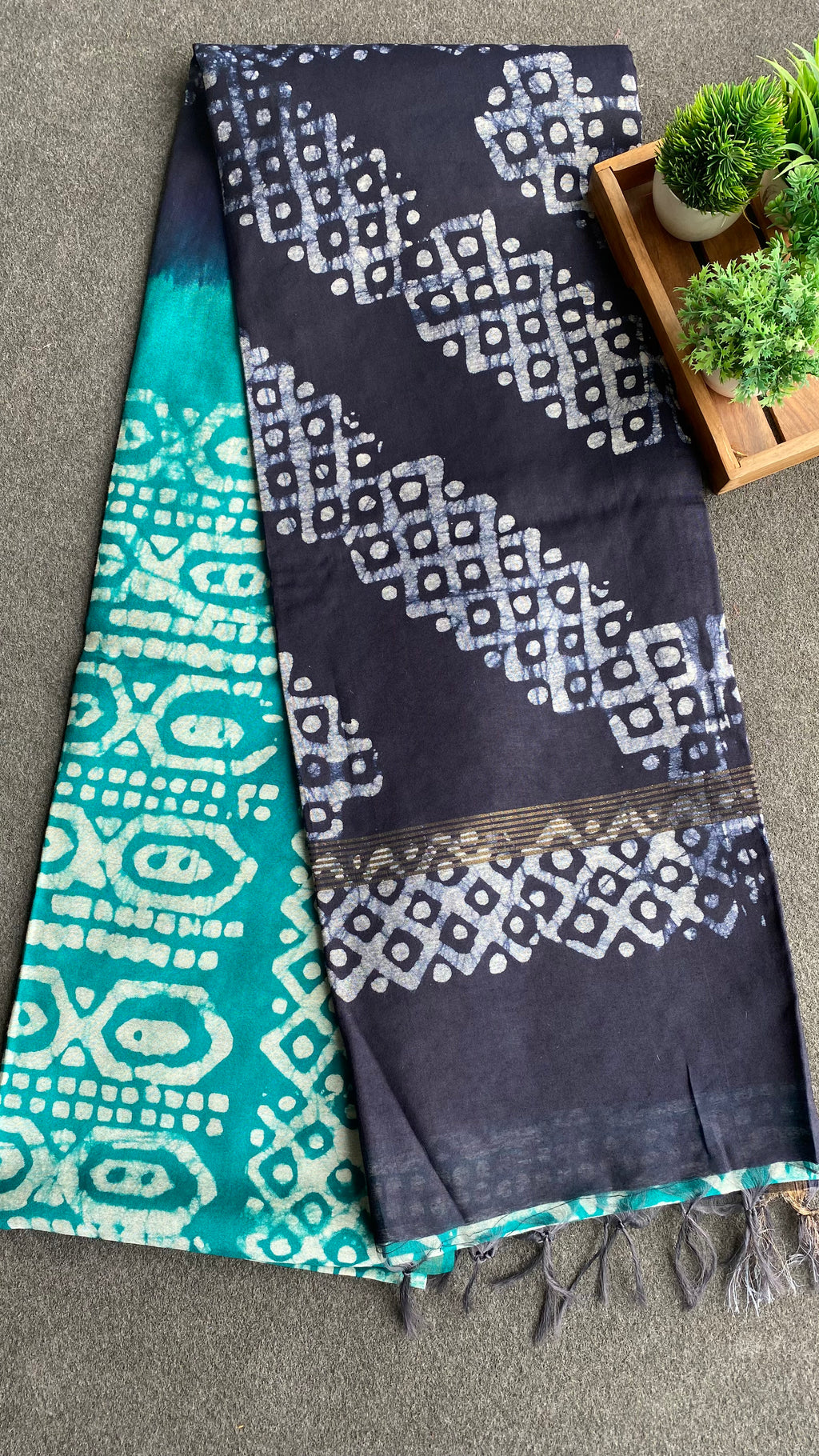 Blue & Dark blue printed cotton saree with blouse