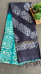 Blue & Dark blue printed cotton saree with blouse