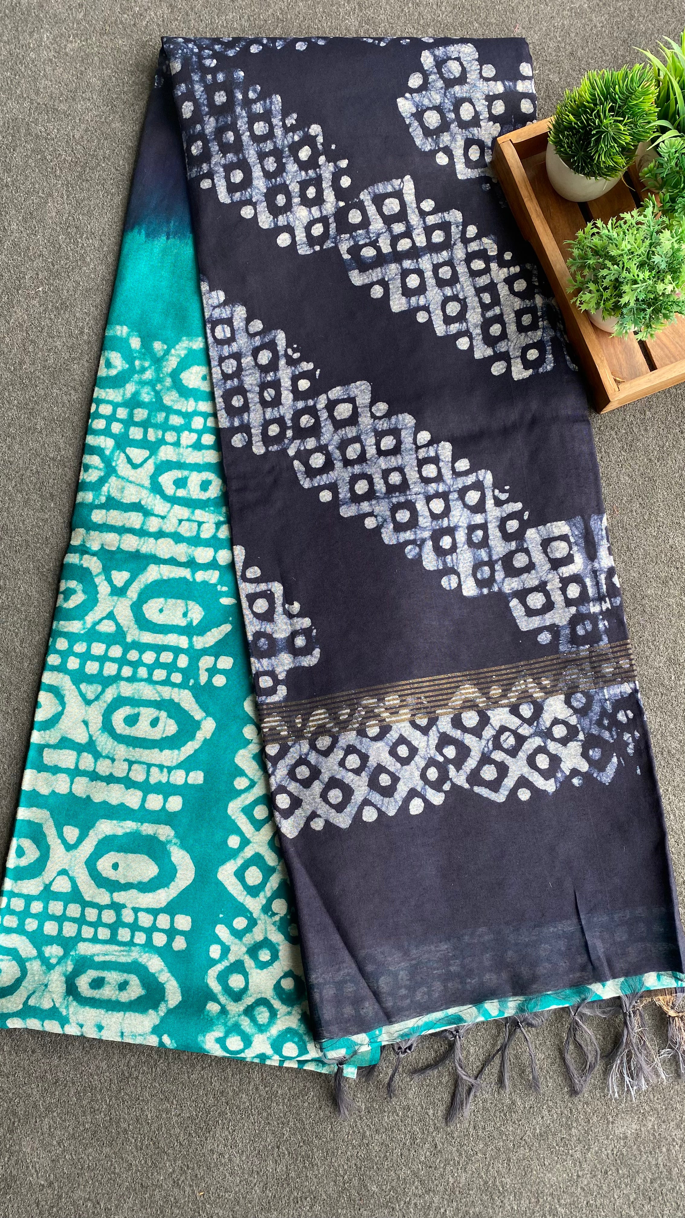 Blue & Dark blue printed cotton saree with blouse