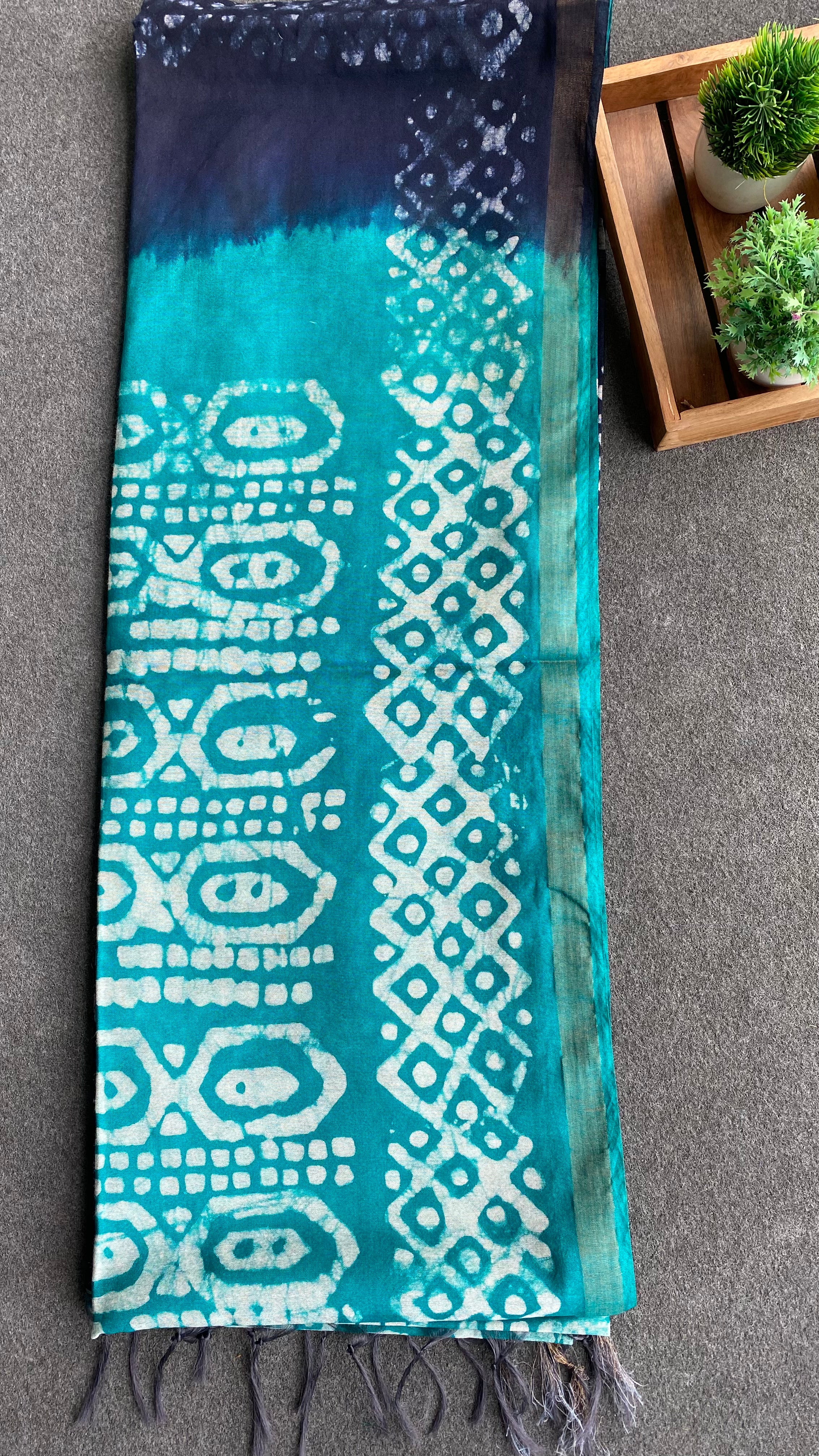 Blue & Dark blue printed cotton saree with blouse