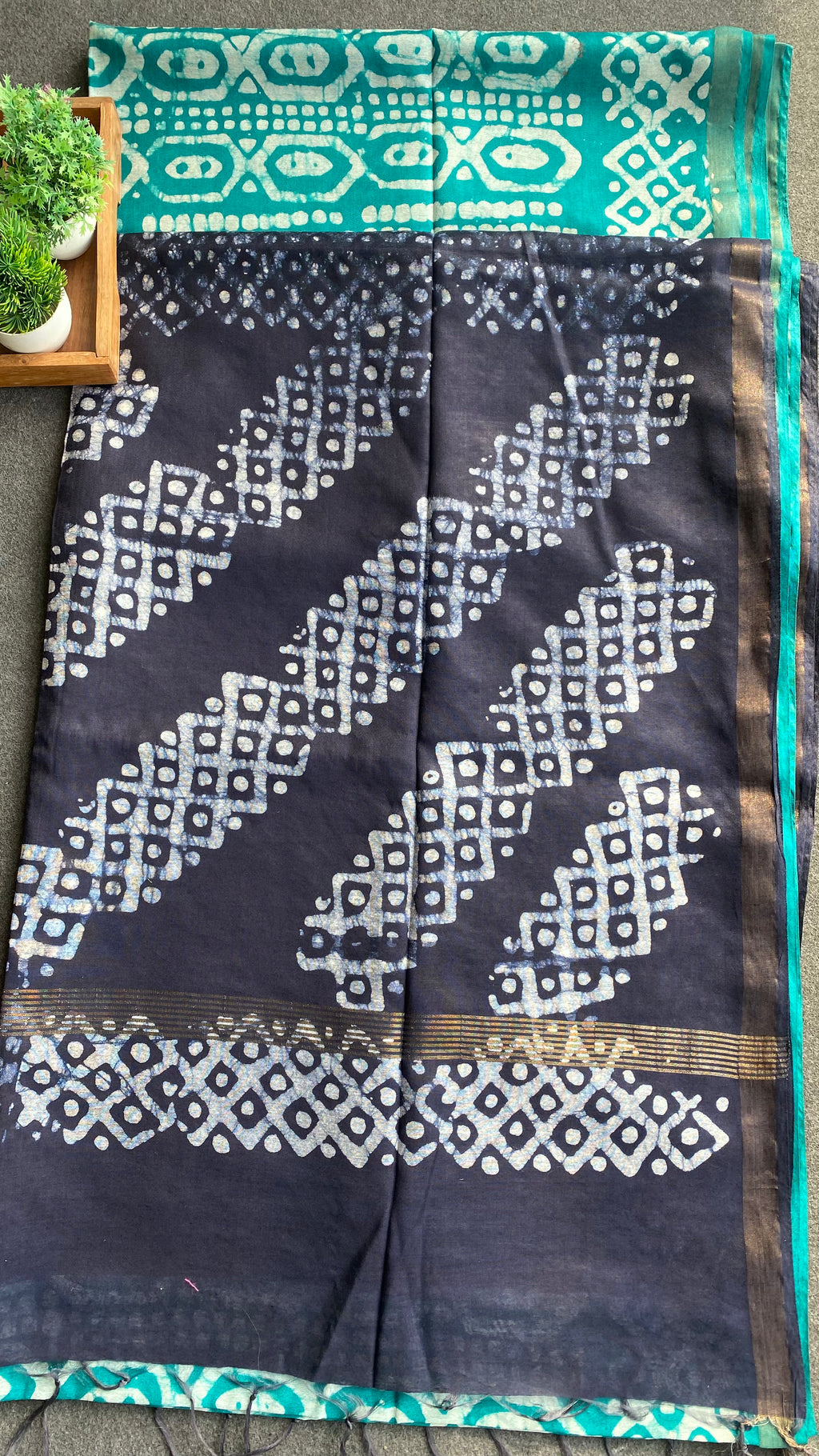 Blue & Dark blue printed cotton saree with blouse