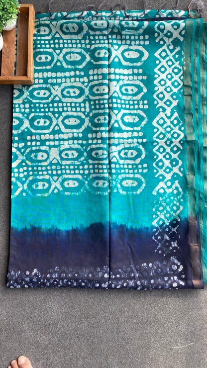 Blue & Dark blue printed cotton saree with blouse