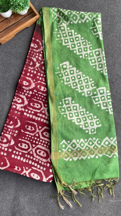 Maroon & parrot green printed cotton saree with blouse