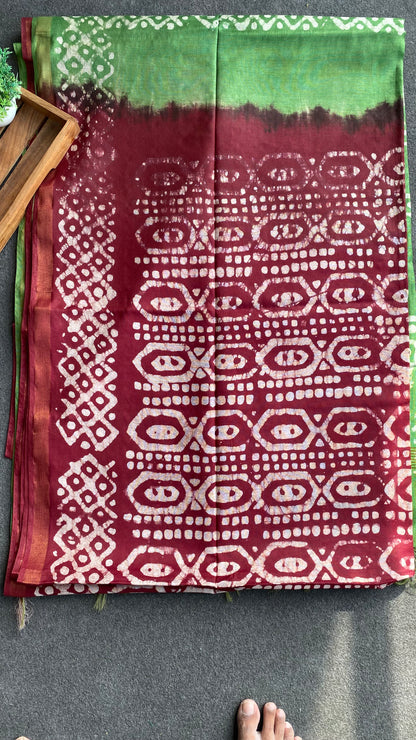 Maroon & parrot green printed cotton saree with blouse