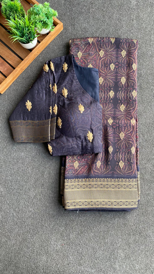 Midnight blue binni silk designer saree with mirror embroidery blouse