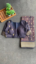 Midnight blue binni silk designer saree with mirror embroidery blouse