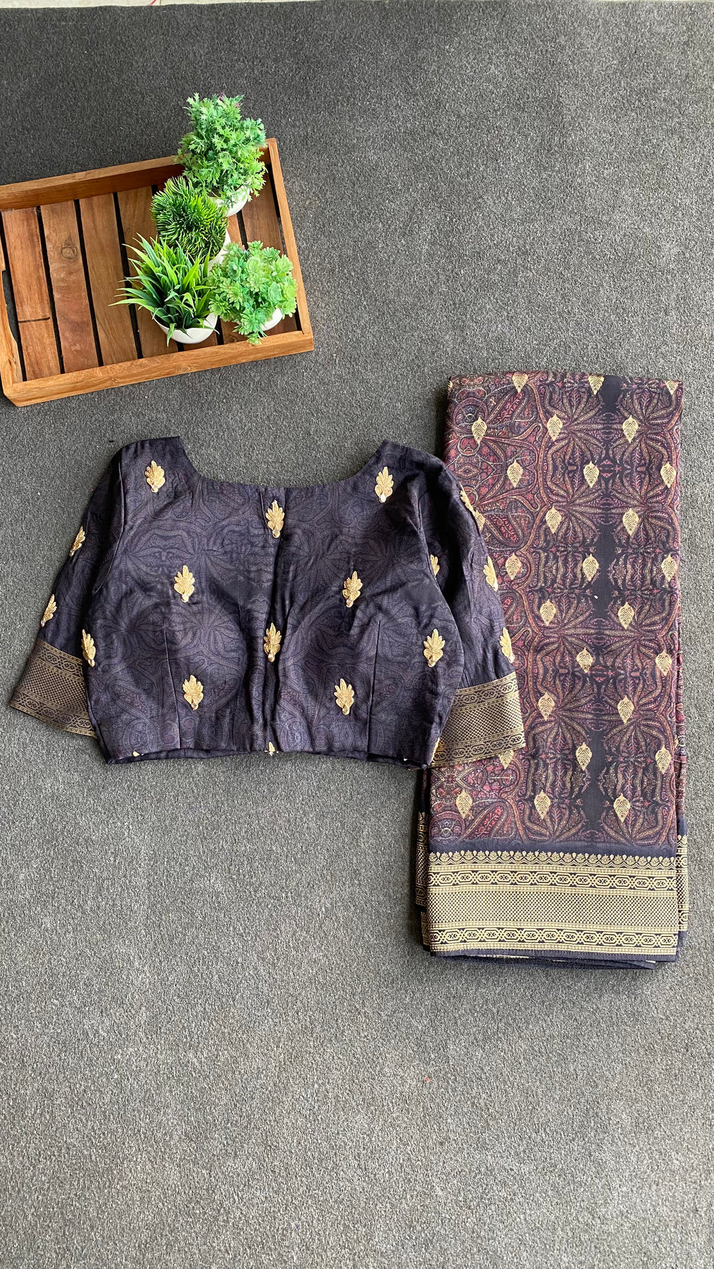 Midnight blue binni silk designer saree with mirror embroidery blouse