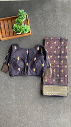Midnight blue binni silk designer saree with mirror embroidery blouse