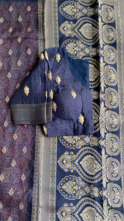 Midnight blue binni silk designer saree with mirror embroidery blouse