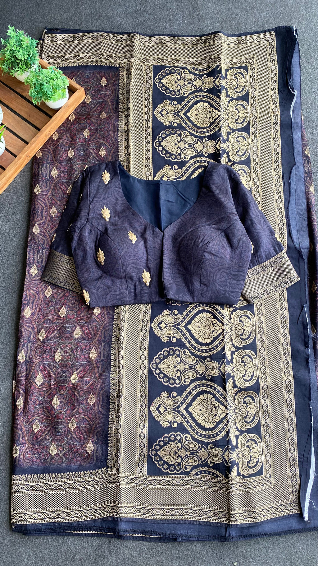 Midnight blue binni silk designer saree with mirror embroidery blouse