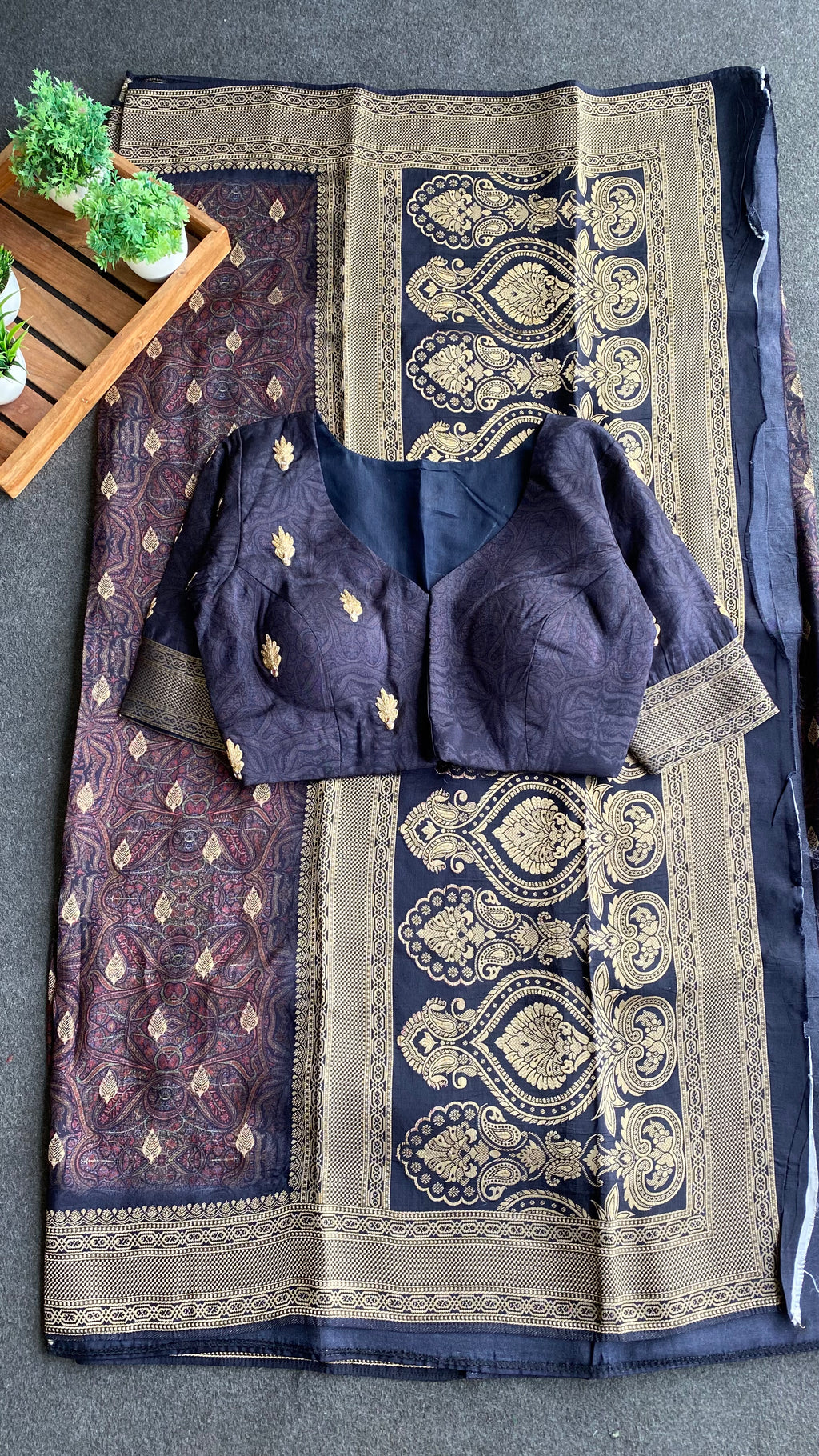 Midnight blue binni silk designer saree with mirror embroidery blouse