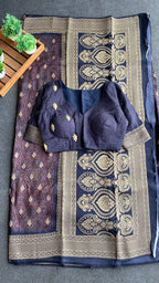 Midnight blue binni silk designer saree with mirror embroidery blouse