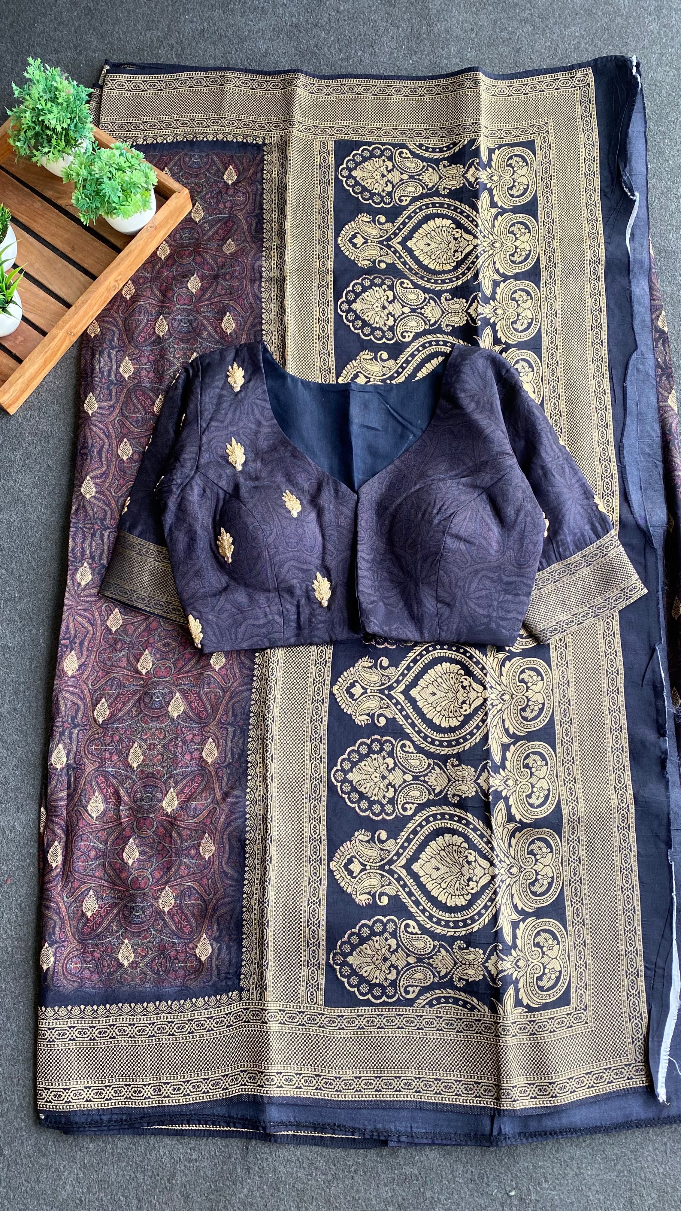 Midnight blue binni silk designer saree with mirror embroidery blouse