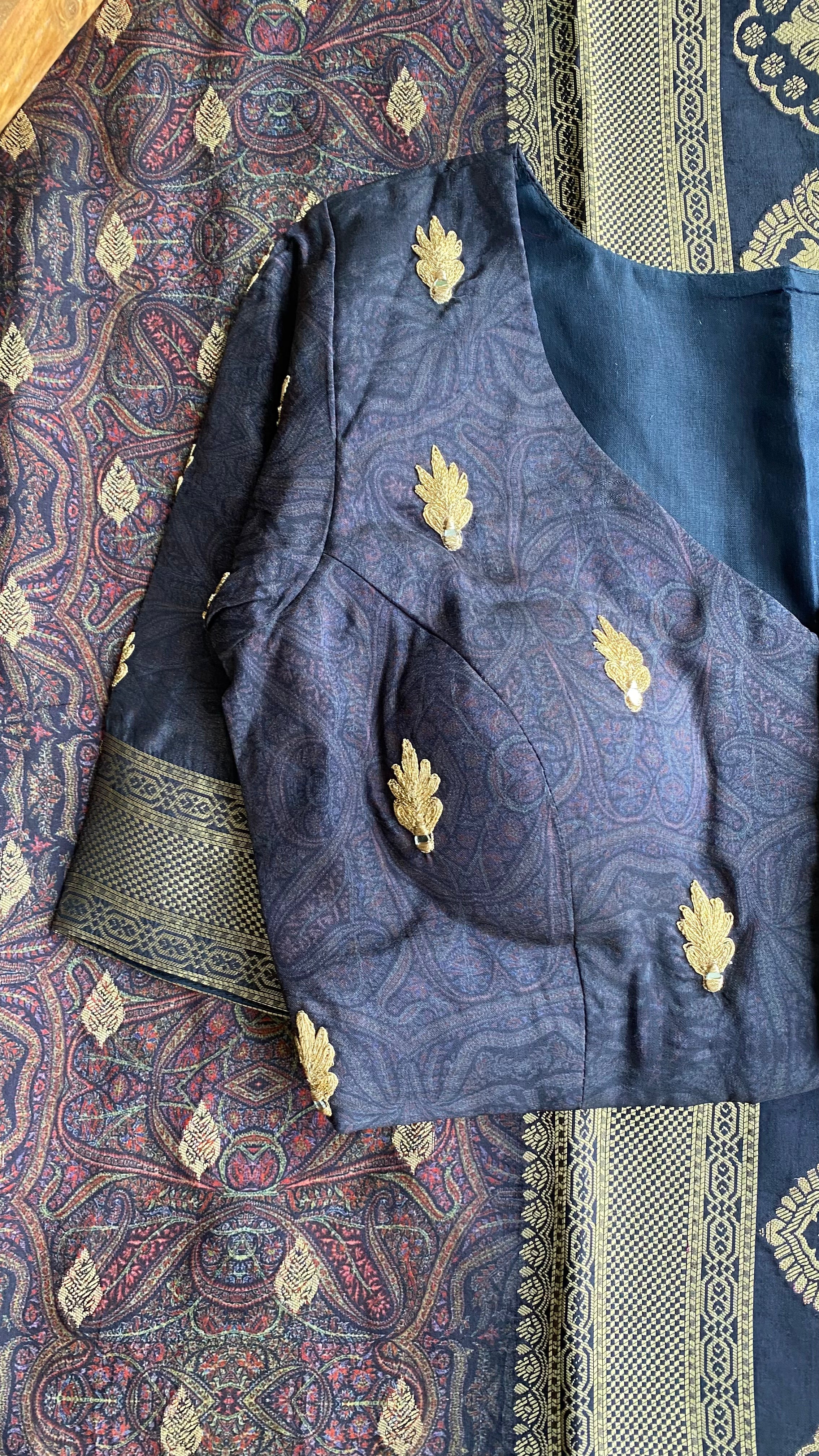 Midnight blue binni silk designer saree with mirror embroidery blouse