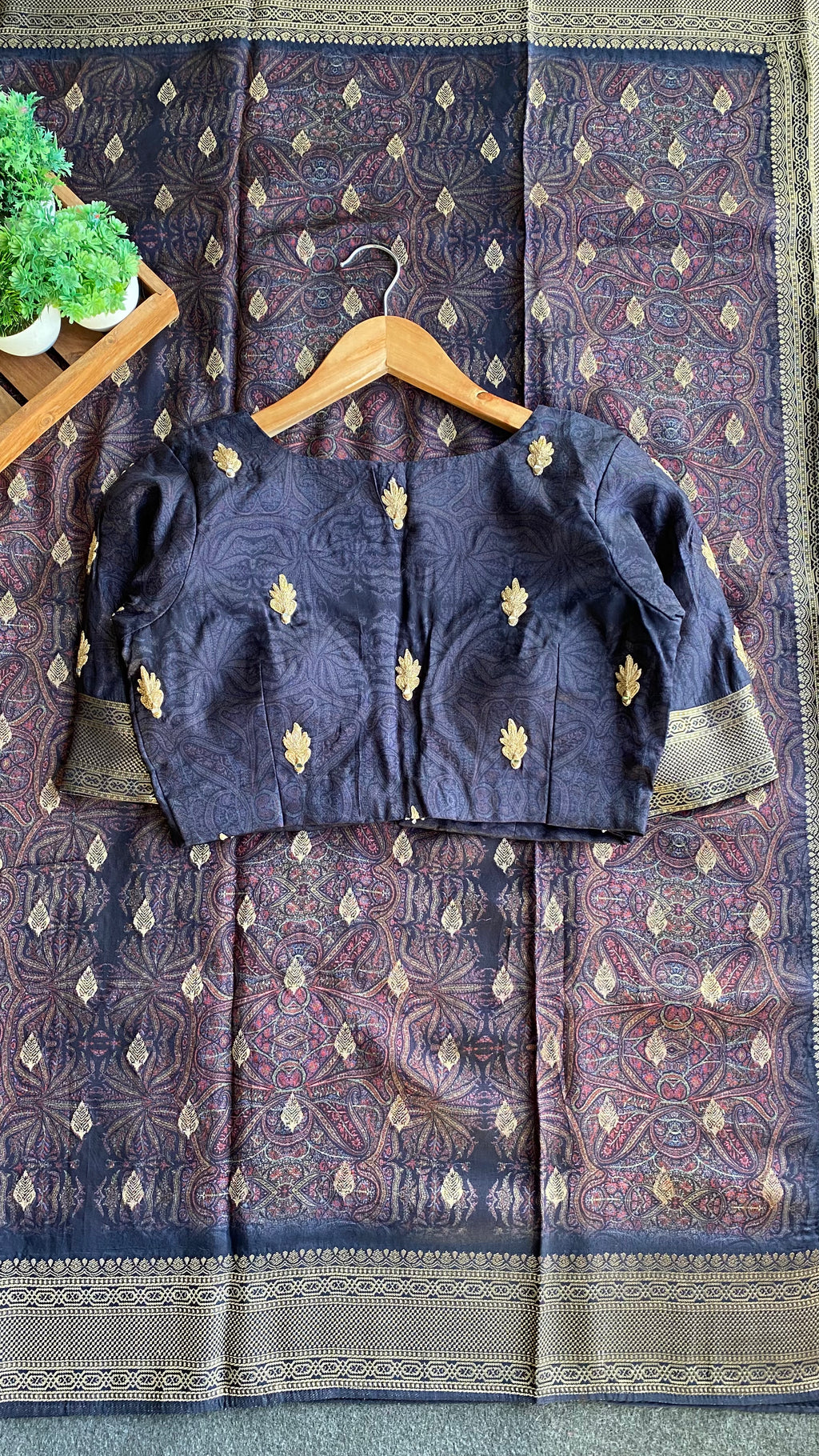 Midnight blue binni silk designer saree with mirror embroidery blouse