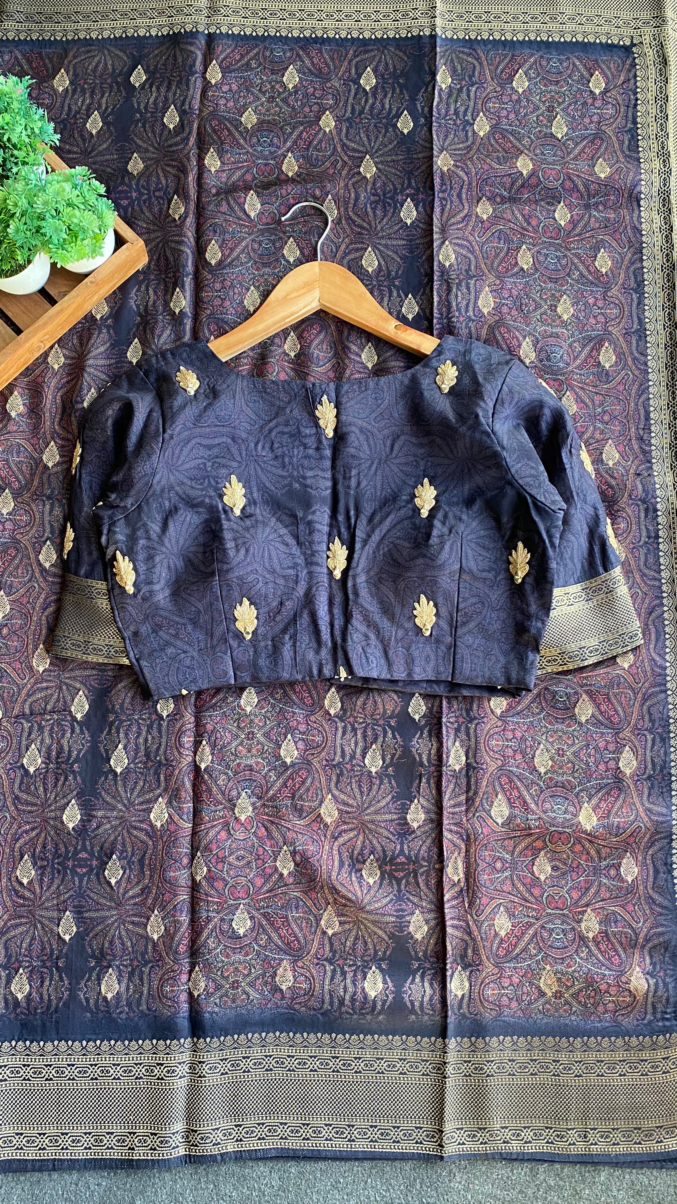 Midnight blue binni silk designer saree with mirror embroidery blouse