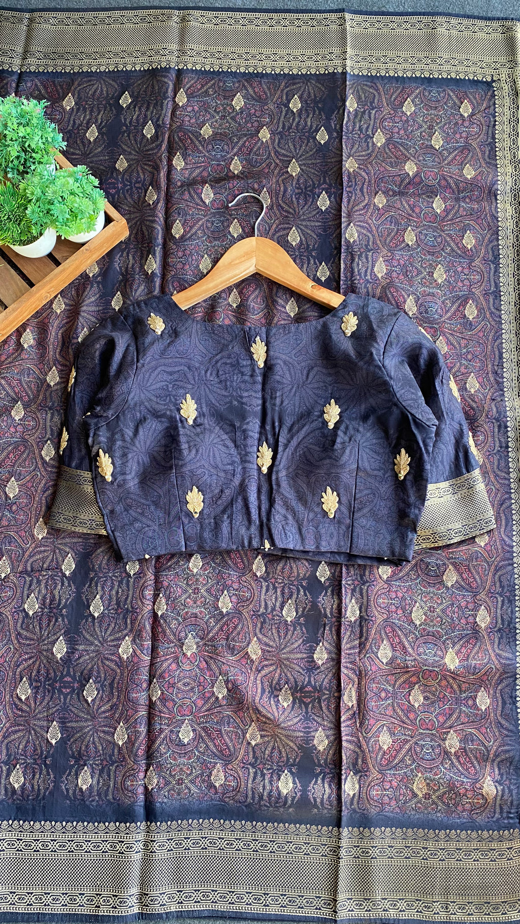 Midnight blue binni silk designer saree with mirror embroidery blouse