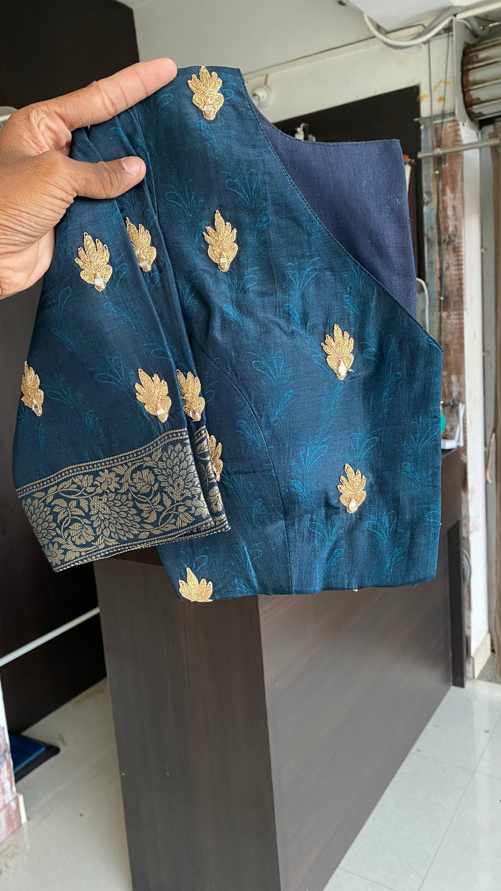Green binni silk designer saree with mirror embroidery blouse