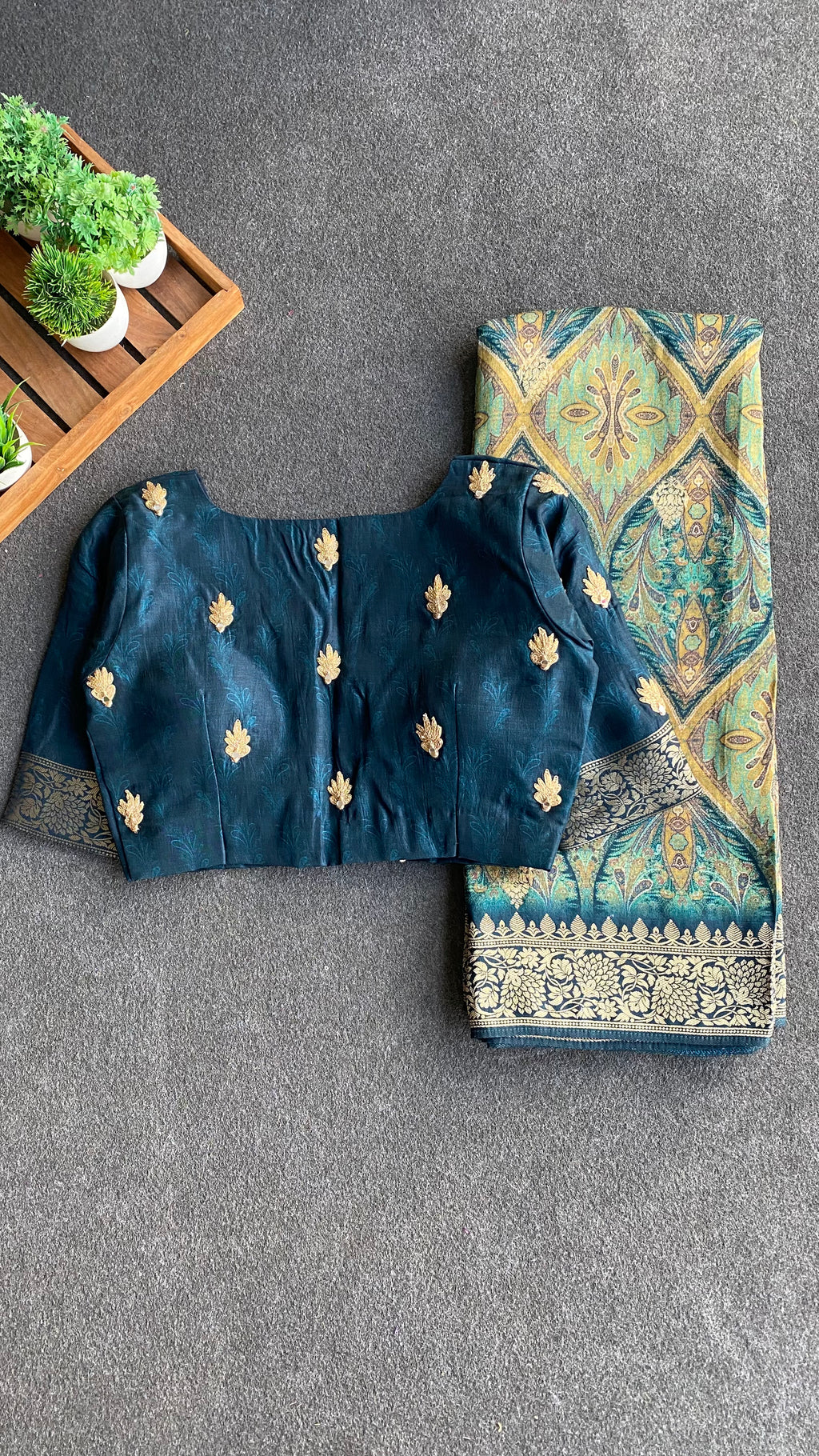 Green binni silk designer saree with mirror embroidery blouse