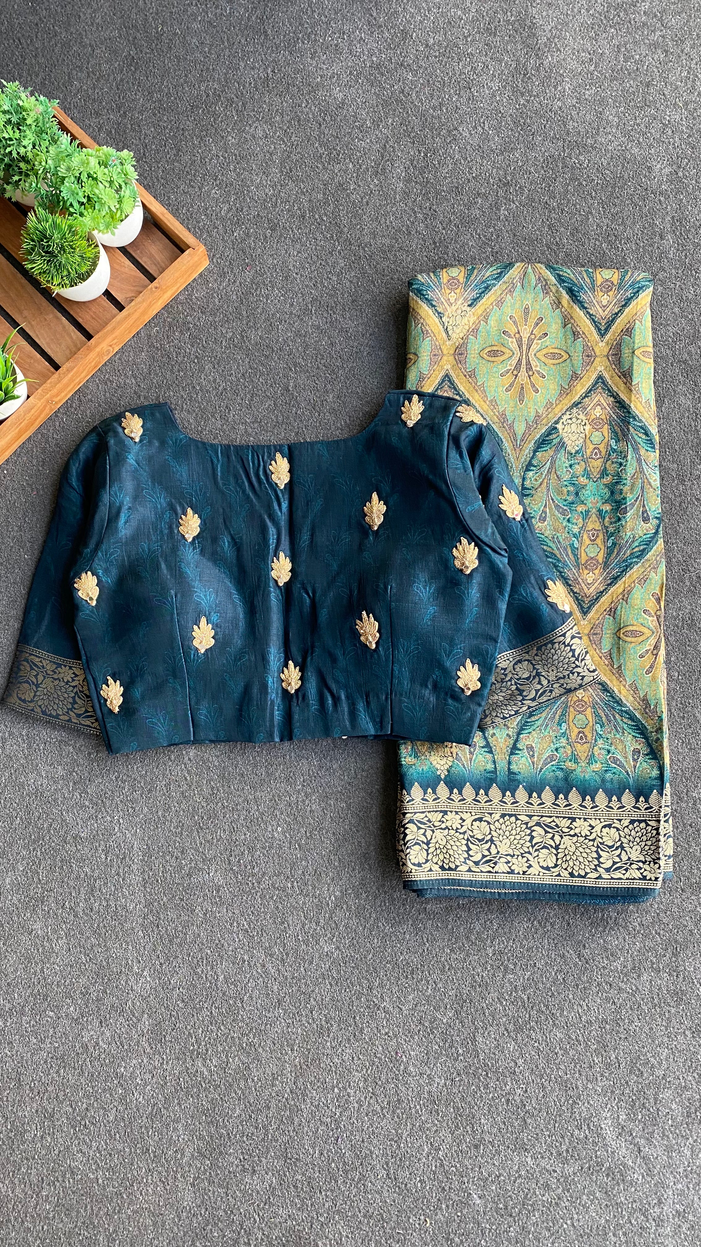 Green binni silk designer saree with mirror embroidery blouse