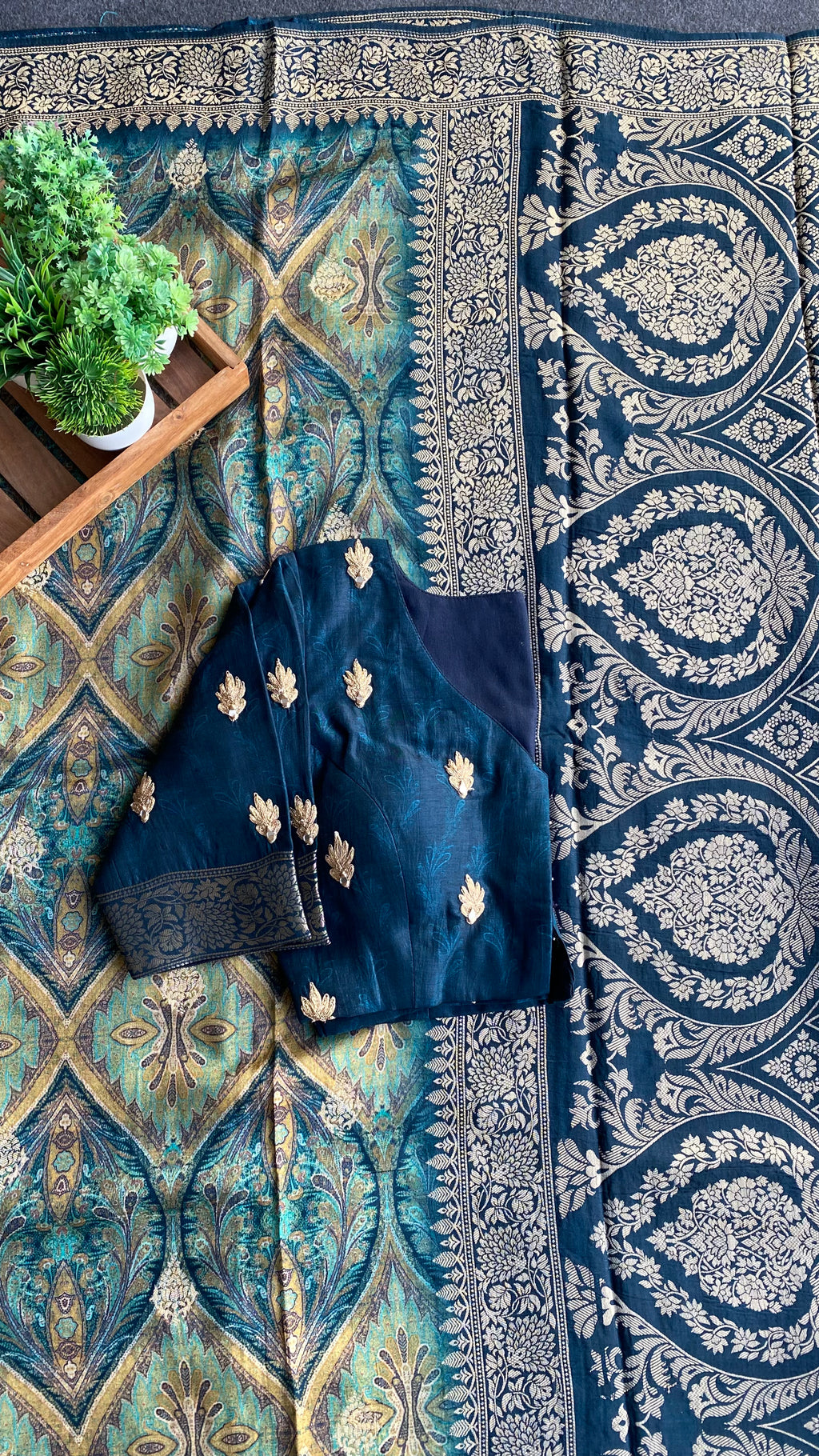 Green binni silk designer saree with mirror embroidery blouse
