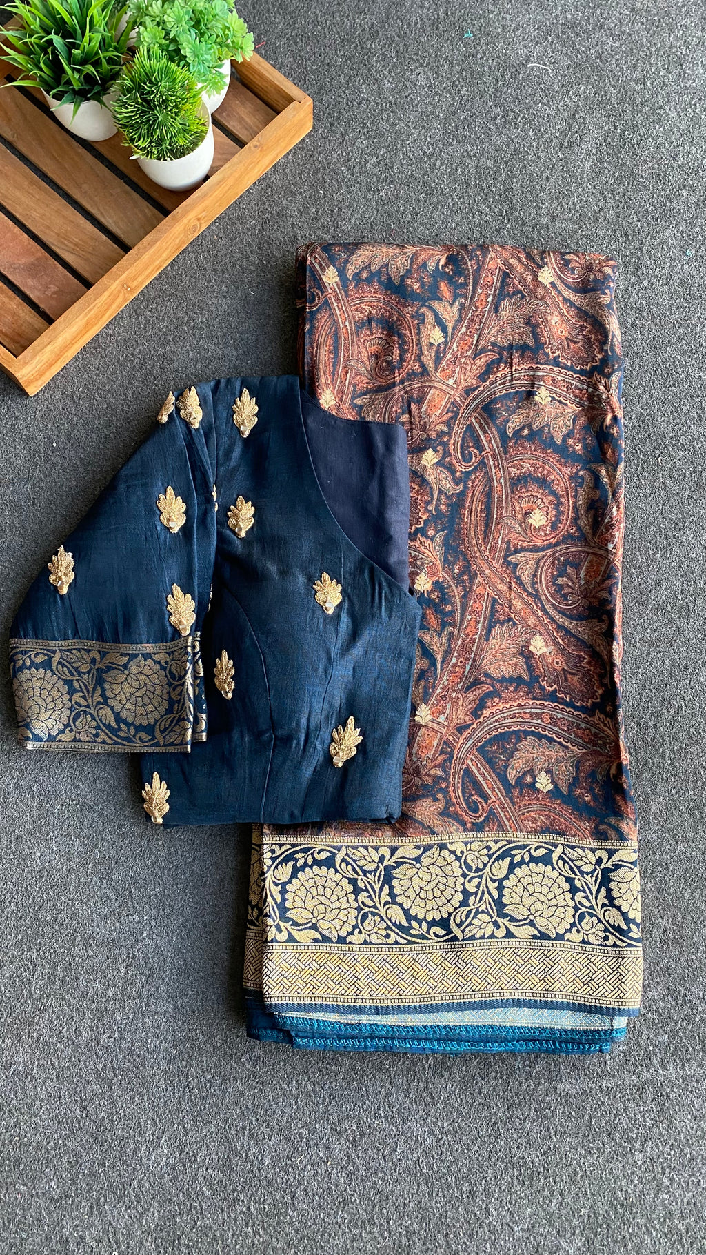 Navy blue binni silk designer saree with mirror embroidery blouse