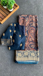Navy blue binni silk designer saree with mirror embroidery blouse