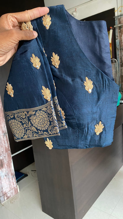 Navy blue binni silk designer saree with mirror embroidery blouse