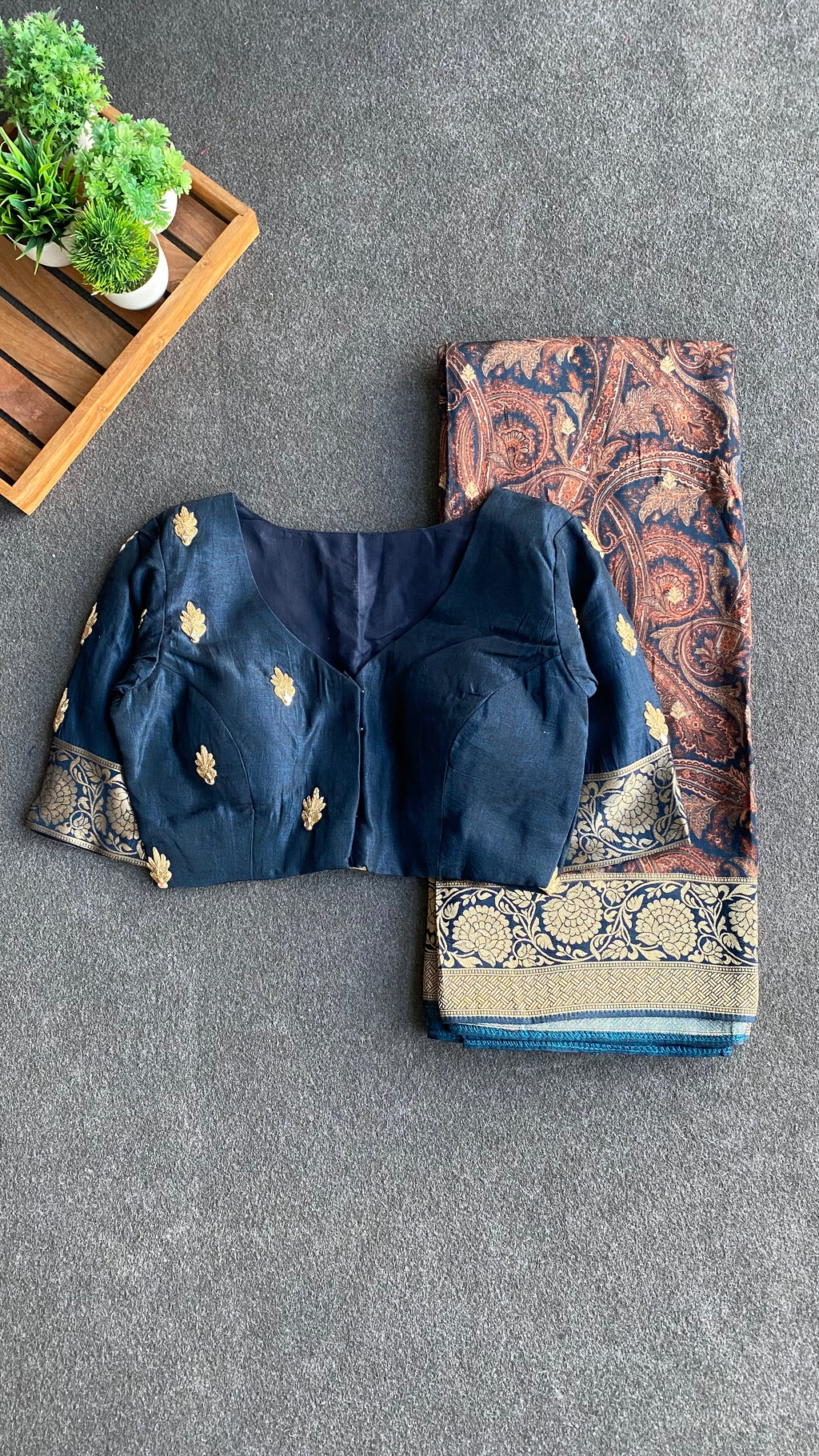 Navy blue binni silk designer saree with mirror embroidery blouse