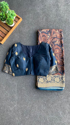 Navy blue binni silk designer saree with mirror embroidery blouse