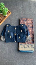 Navy blue binni silk designer saree with mirror embroidery blouse