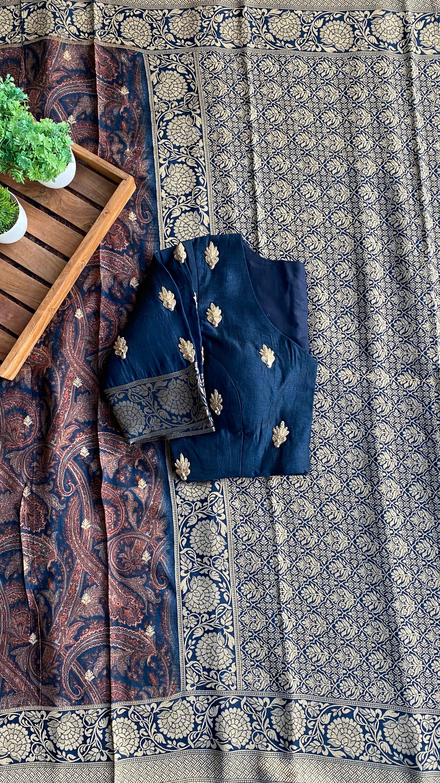 Navy blue binni silk designer saree with mirror embroidery blouse