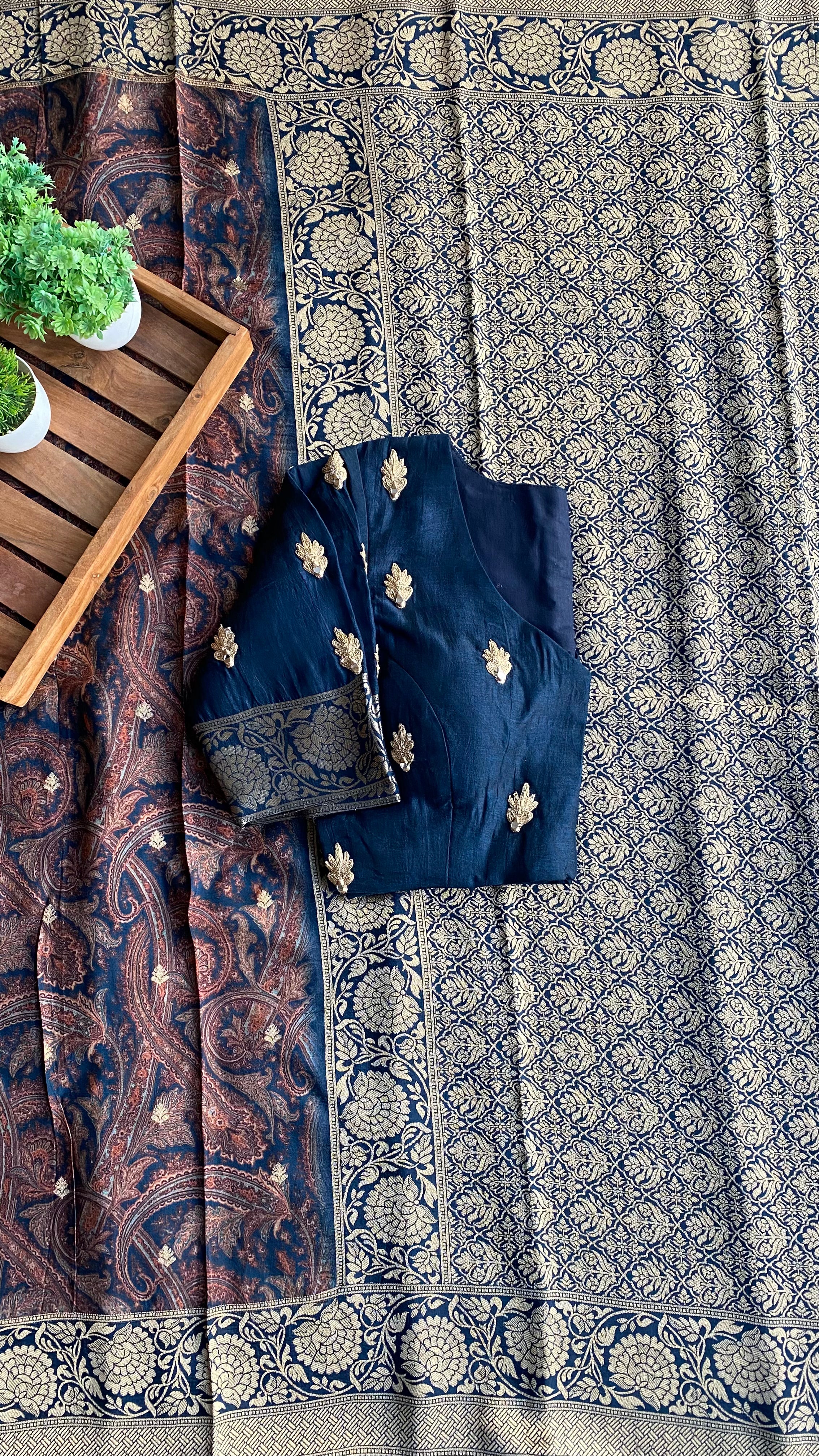 Navy blue binni silk designer saree with mirror embroidery blouse