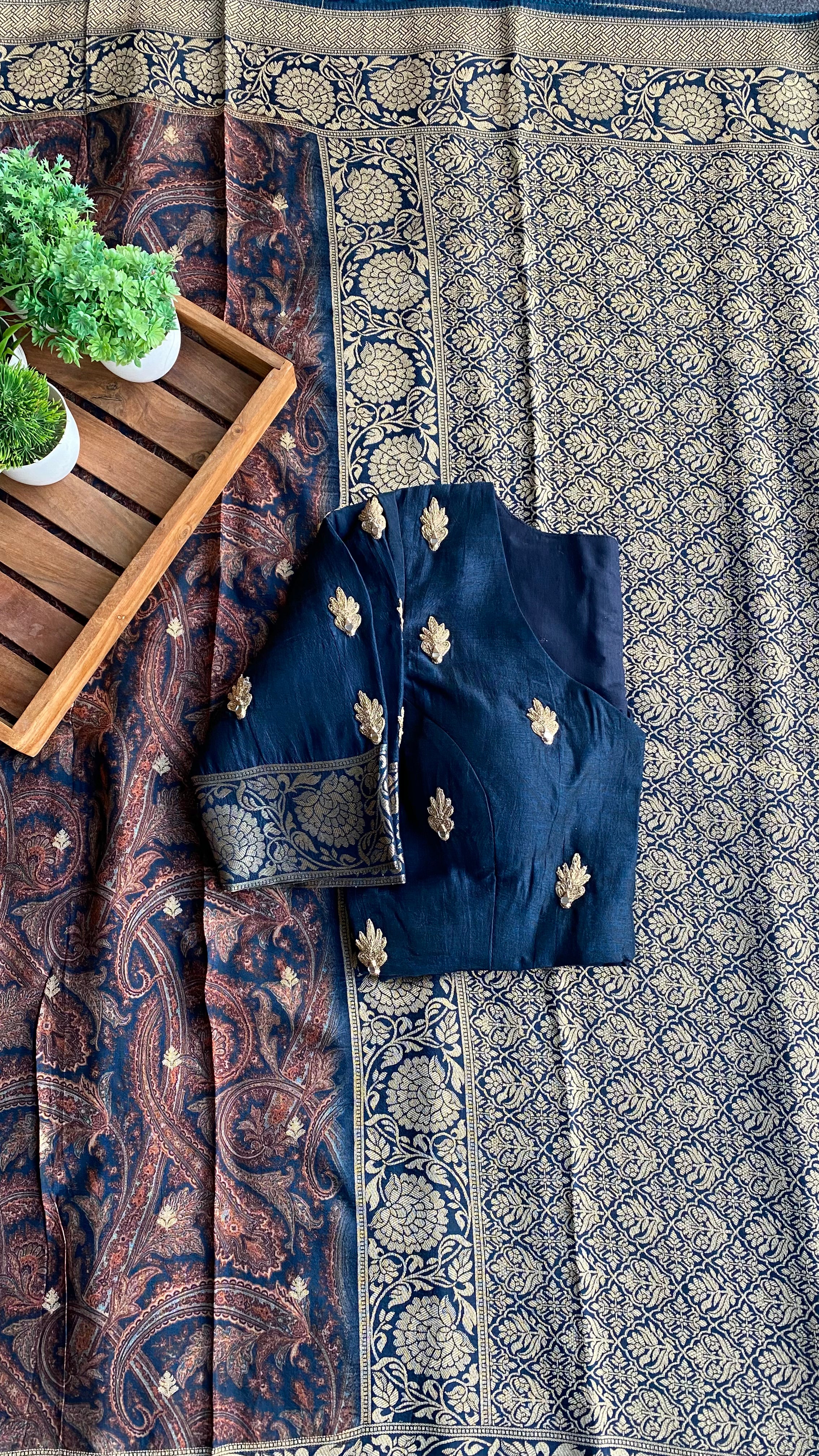 Navy blue binni silk designer saree with mirror embroidery blouse