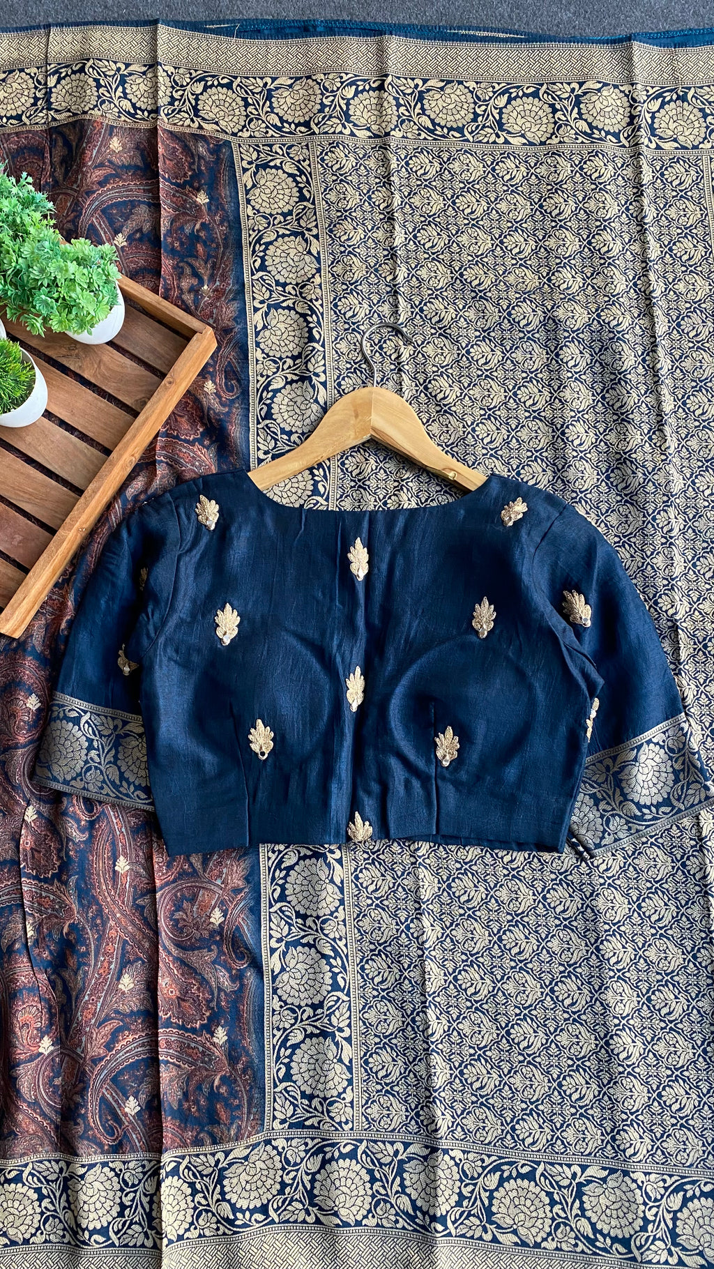 Navy blue binni silk designer saree with mirror embroidery blouse