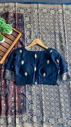 Navy blue binni silk designer saree with mirror embroidery blouse
