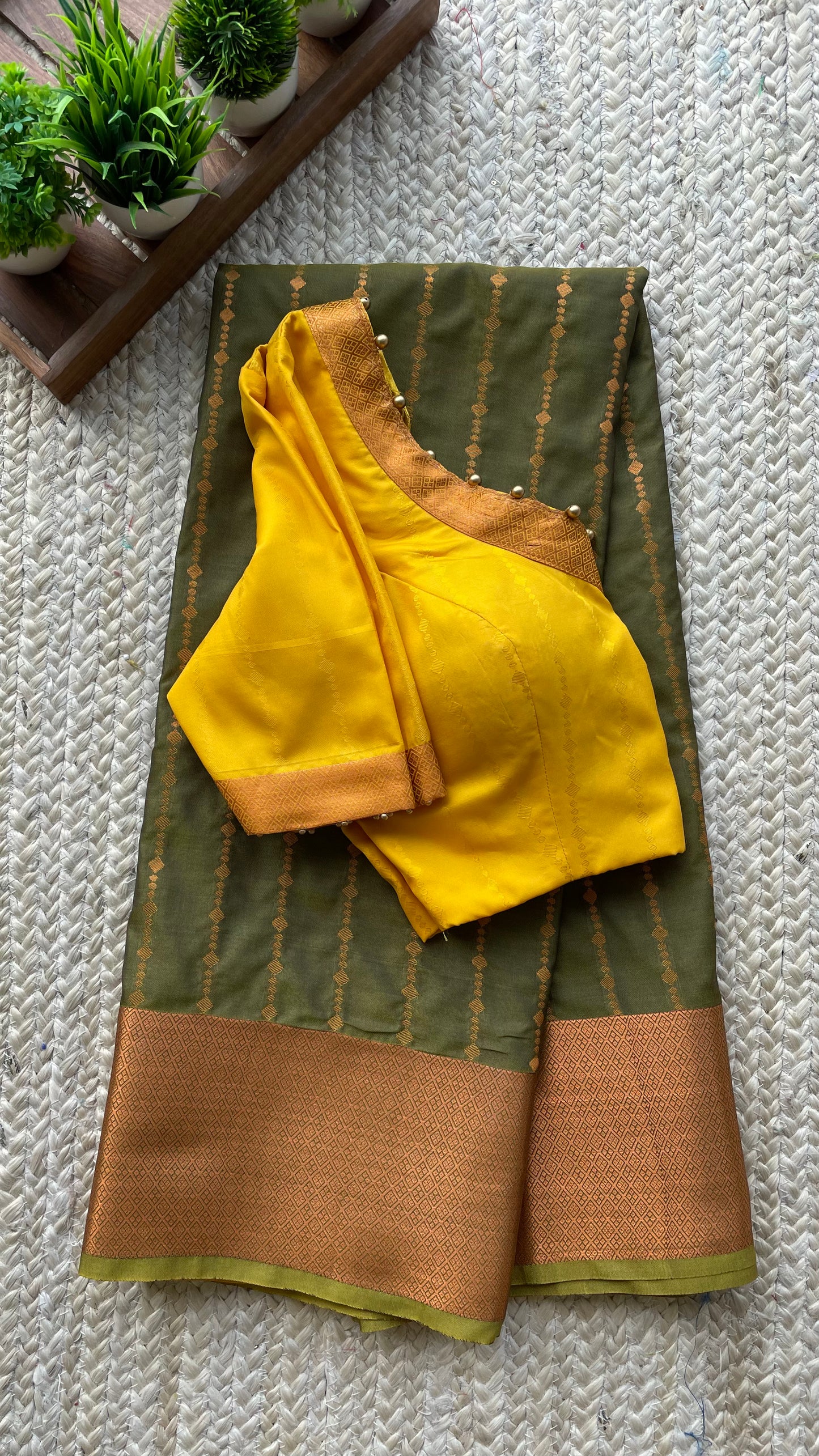 Green and yellow casual silk saree with hand worked blouse
