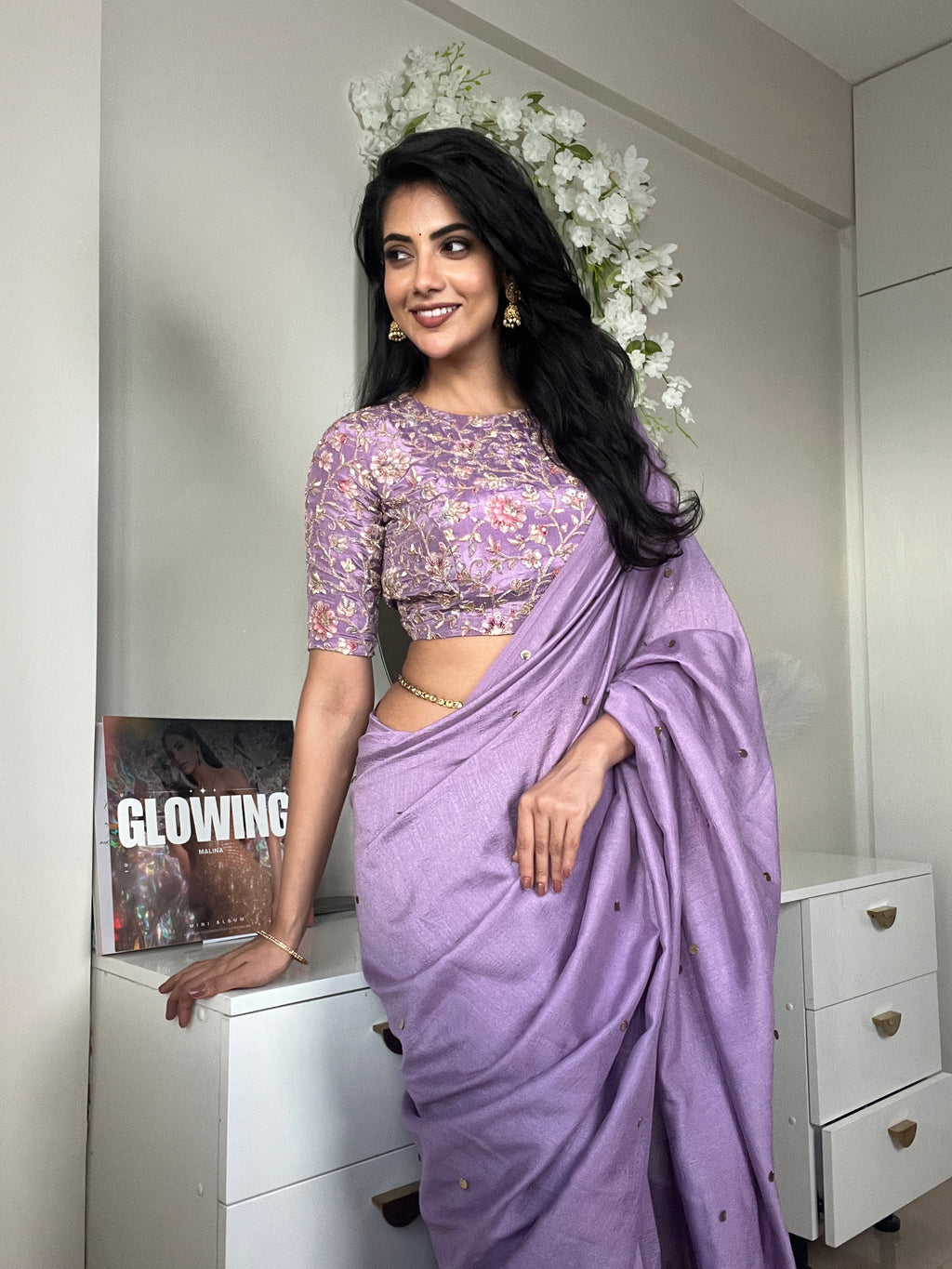 Lavender marble silk saree with embroidery blouse