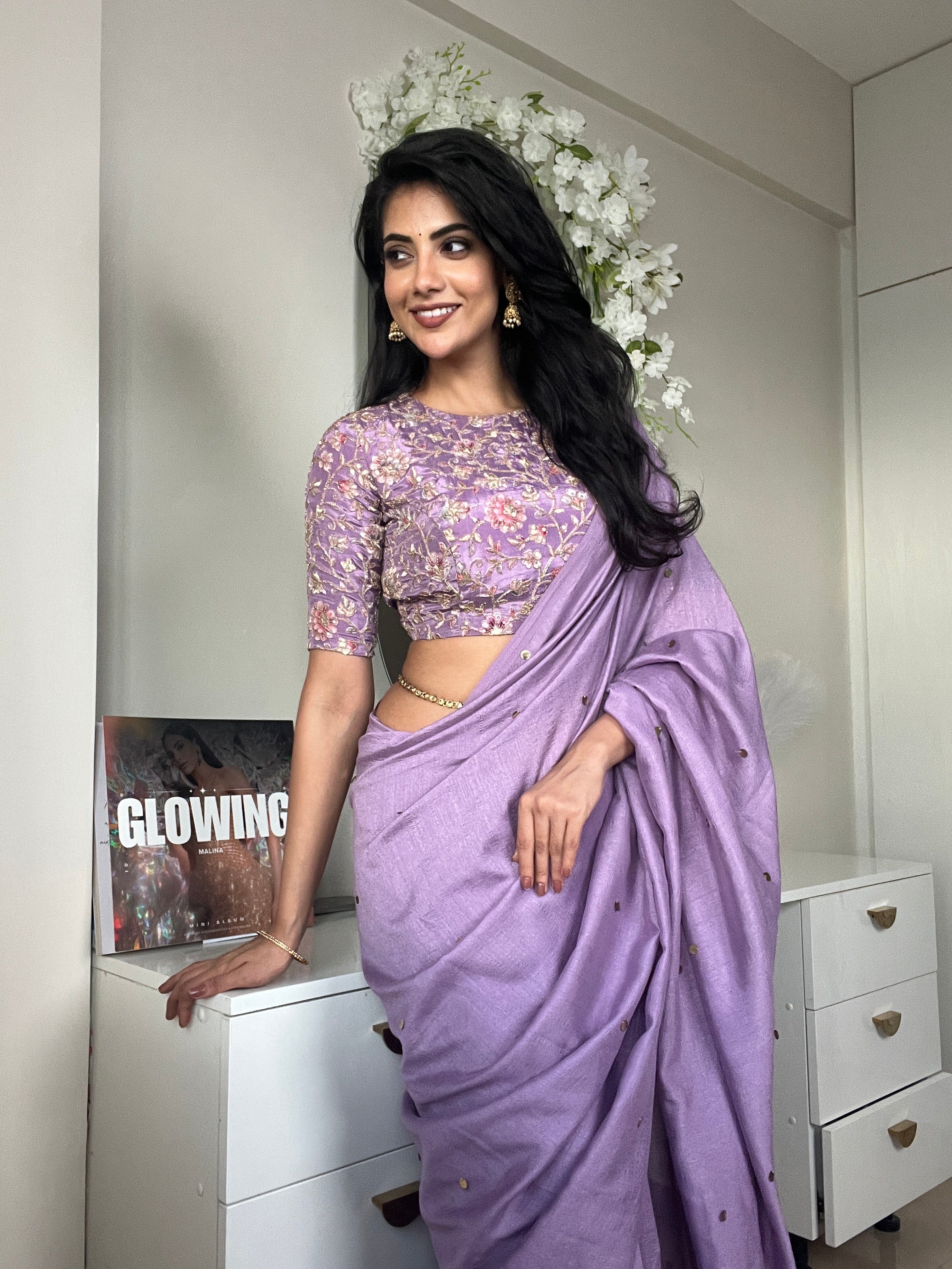 Lavender marble silk saree with embroidery blouse