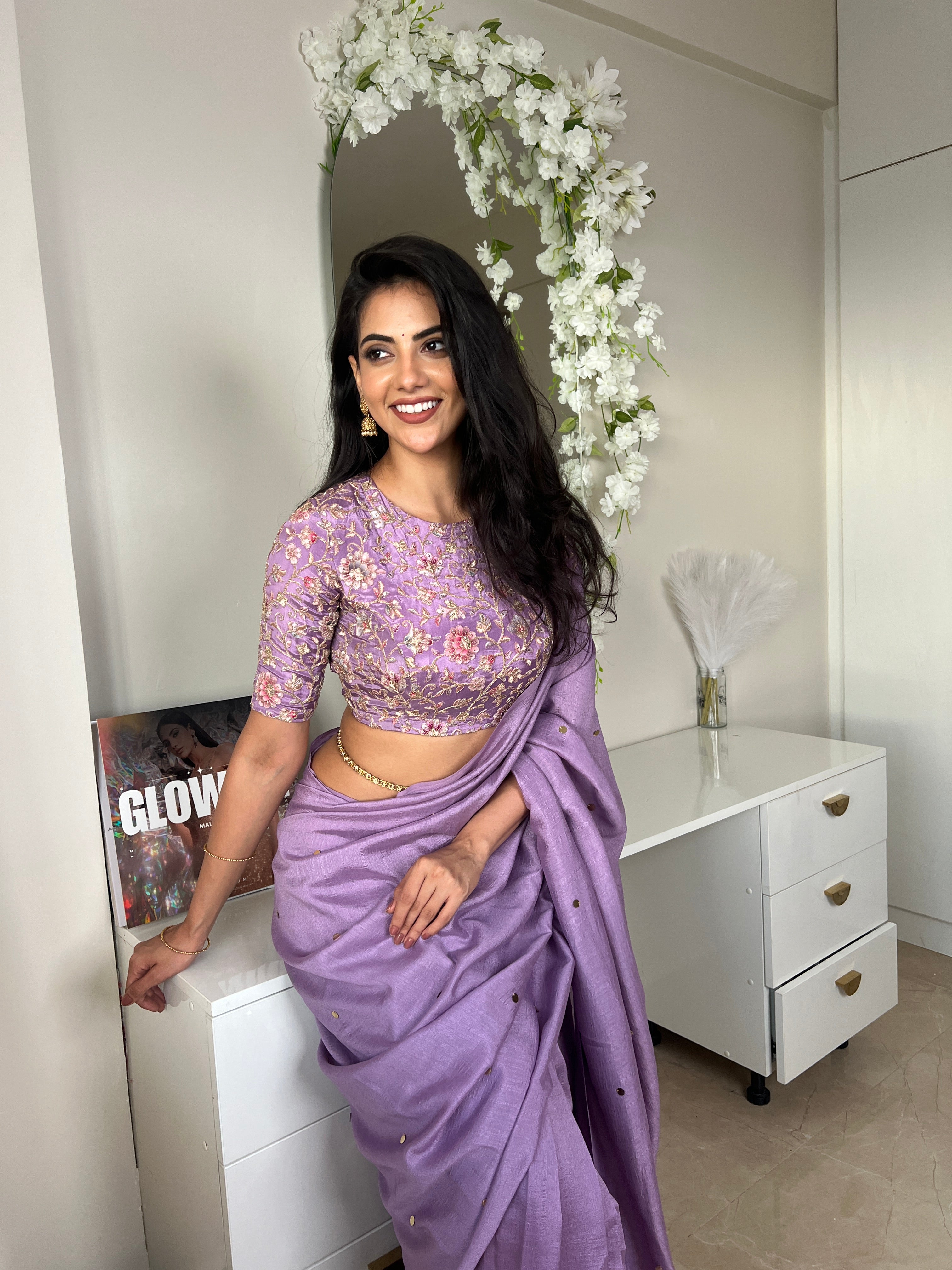 Lavender marble silk saree with embroidery blouse