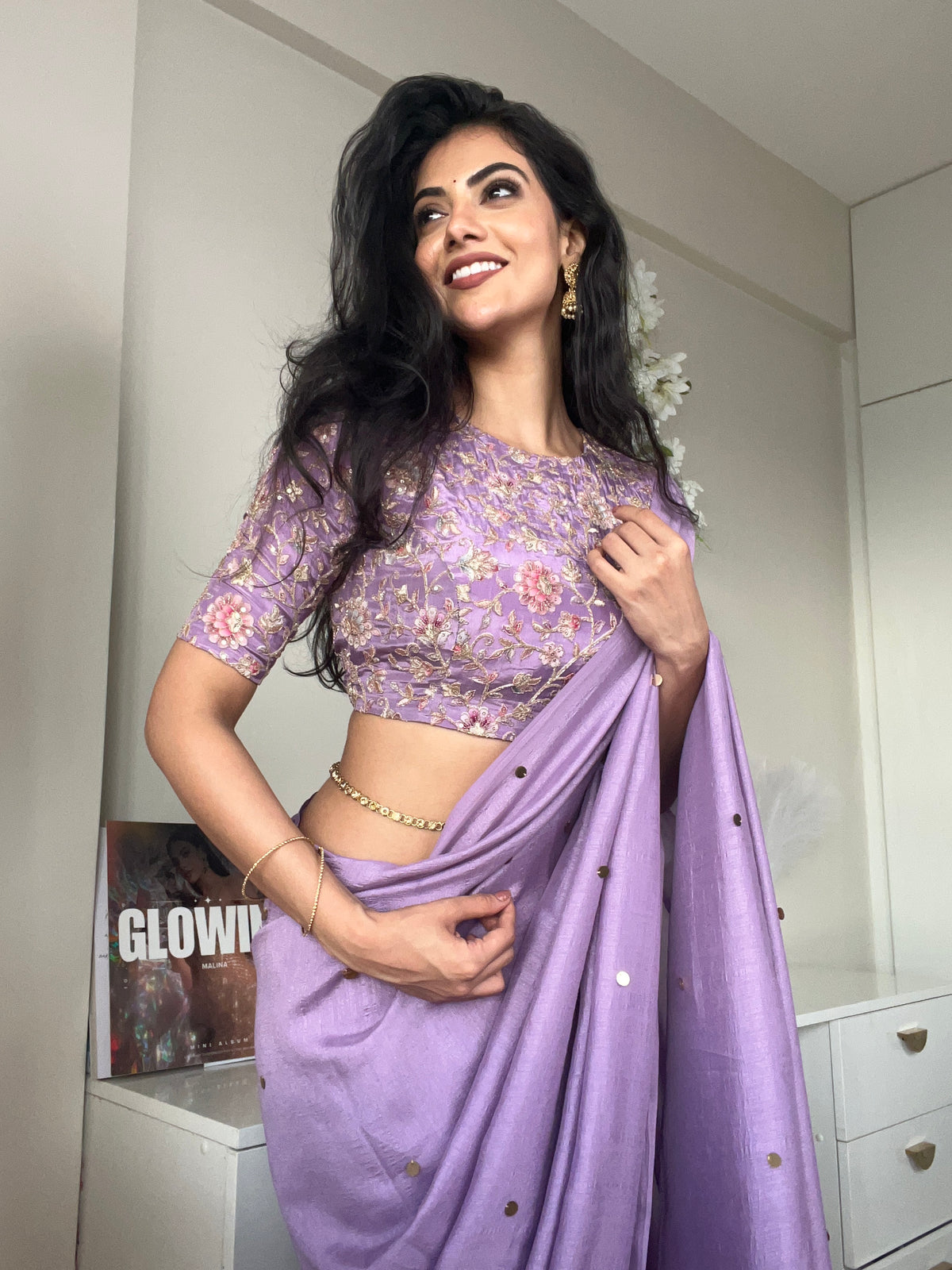 Lavender marble silk saree with embroidery blouse