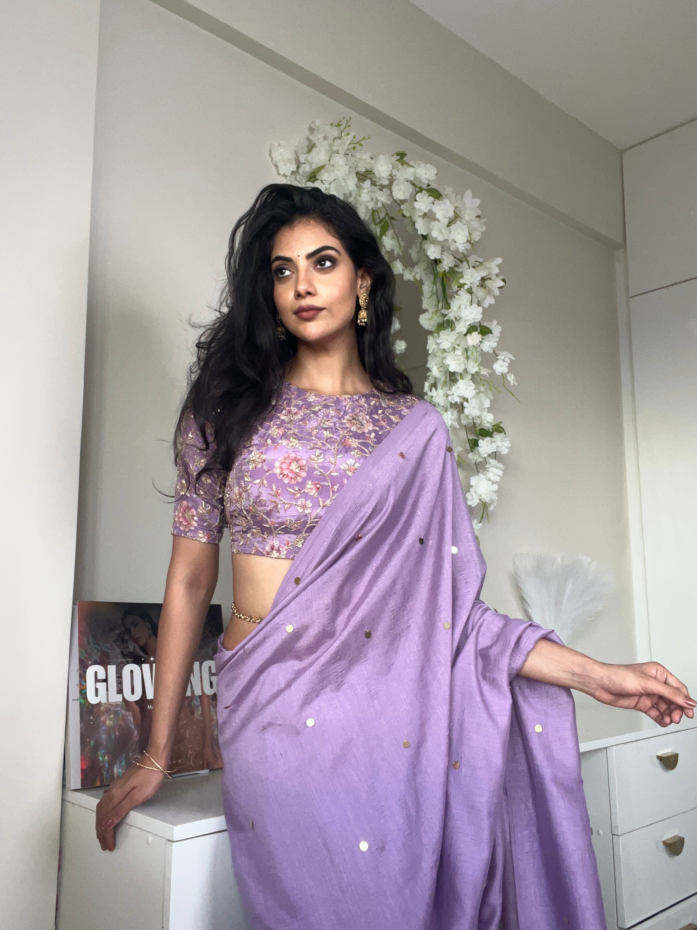 Lavender marble silk saree with embroidery blouse