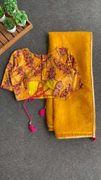 Yellow checked organza saree with velvet embroidery blouse