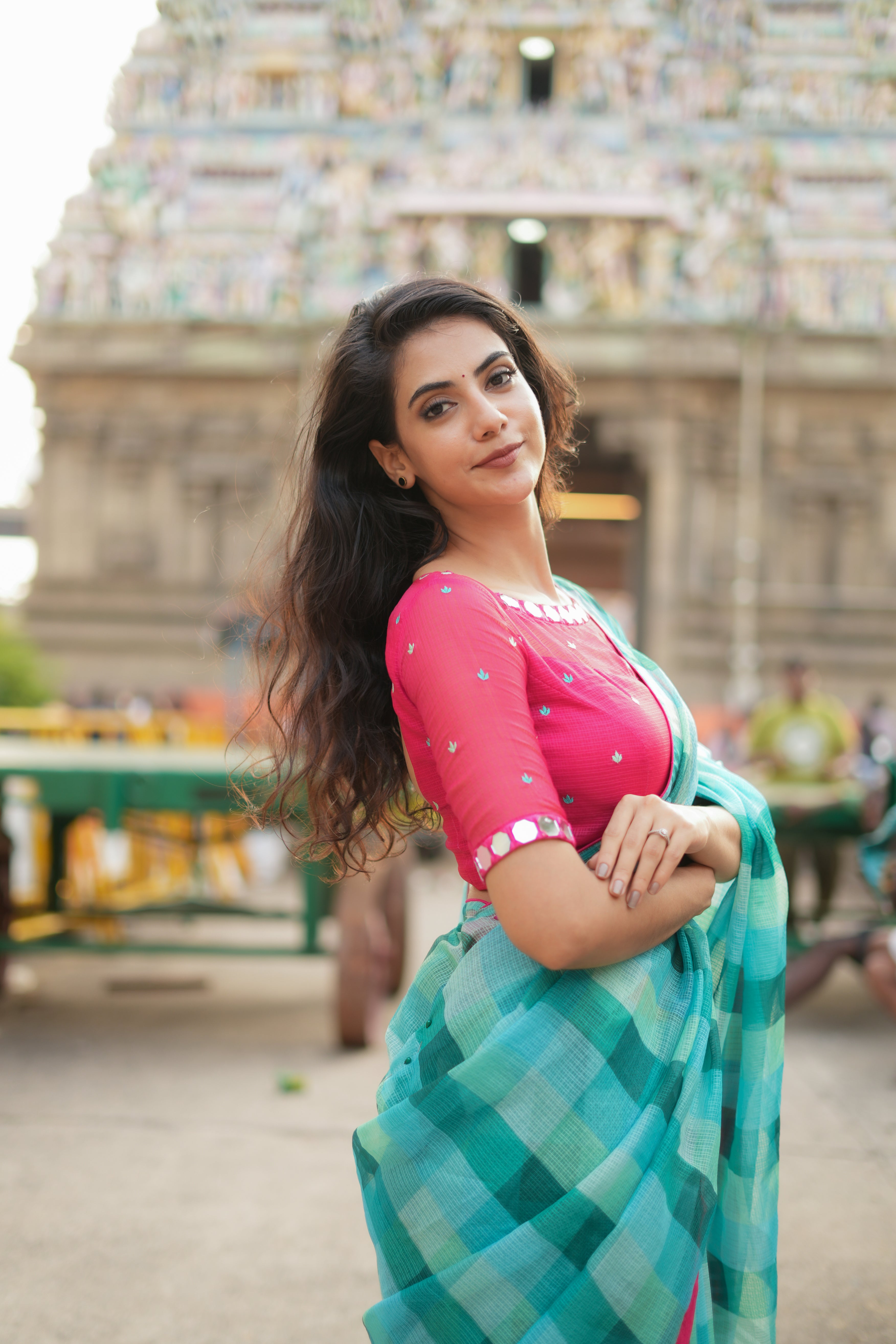 Light blue green kota saree with mirror blouse