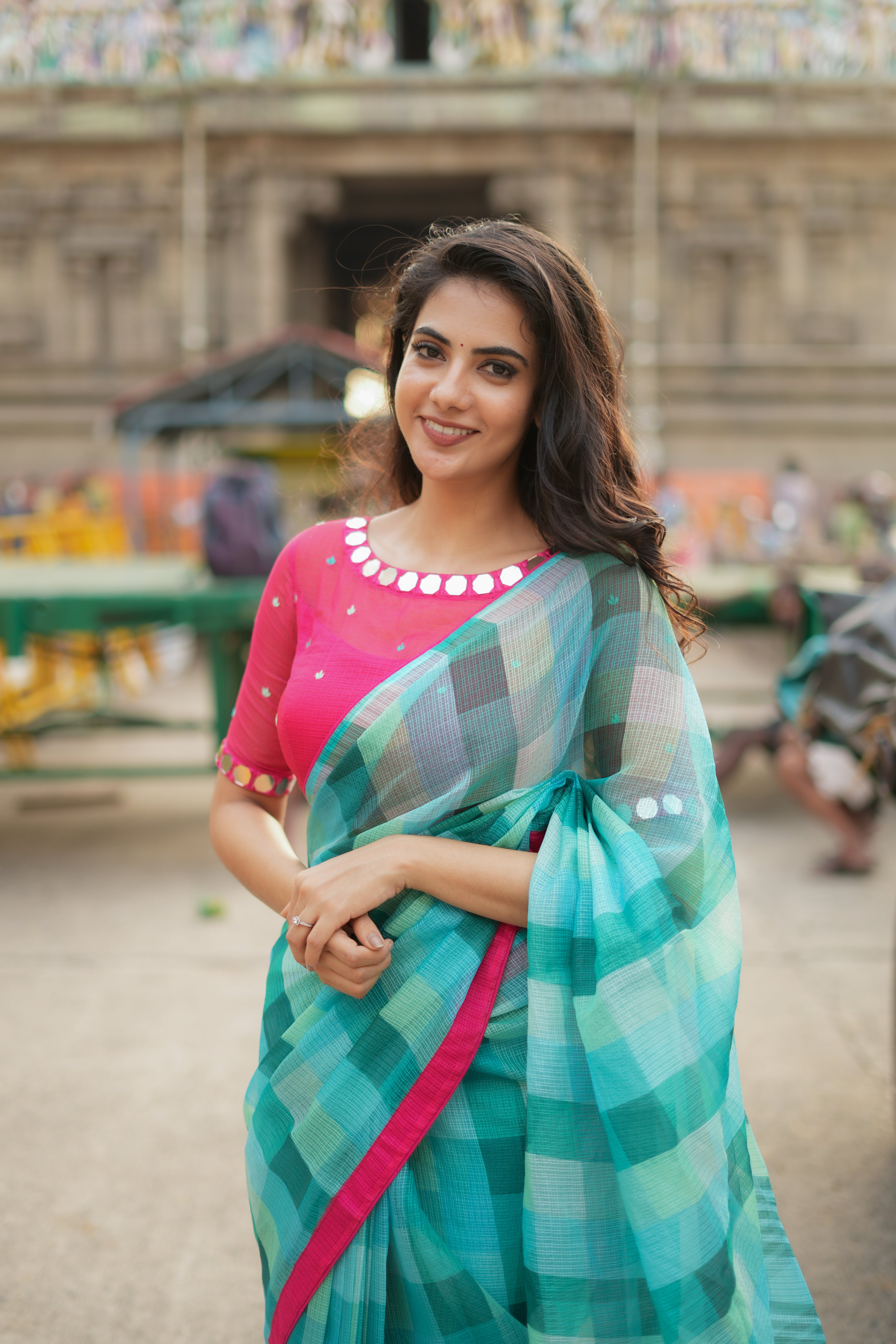 Light blue green kota saree with mirror blouse