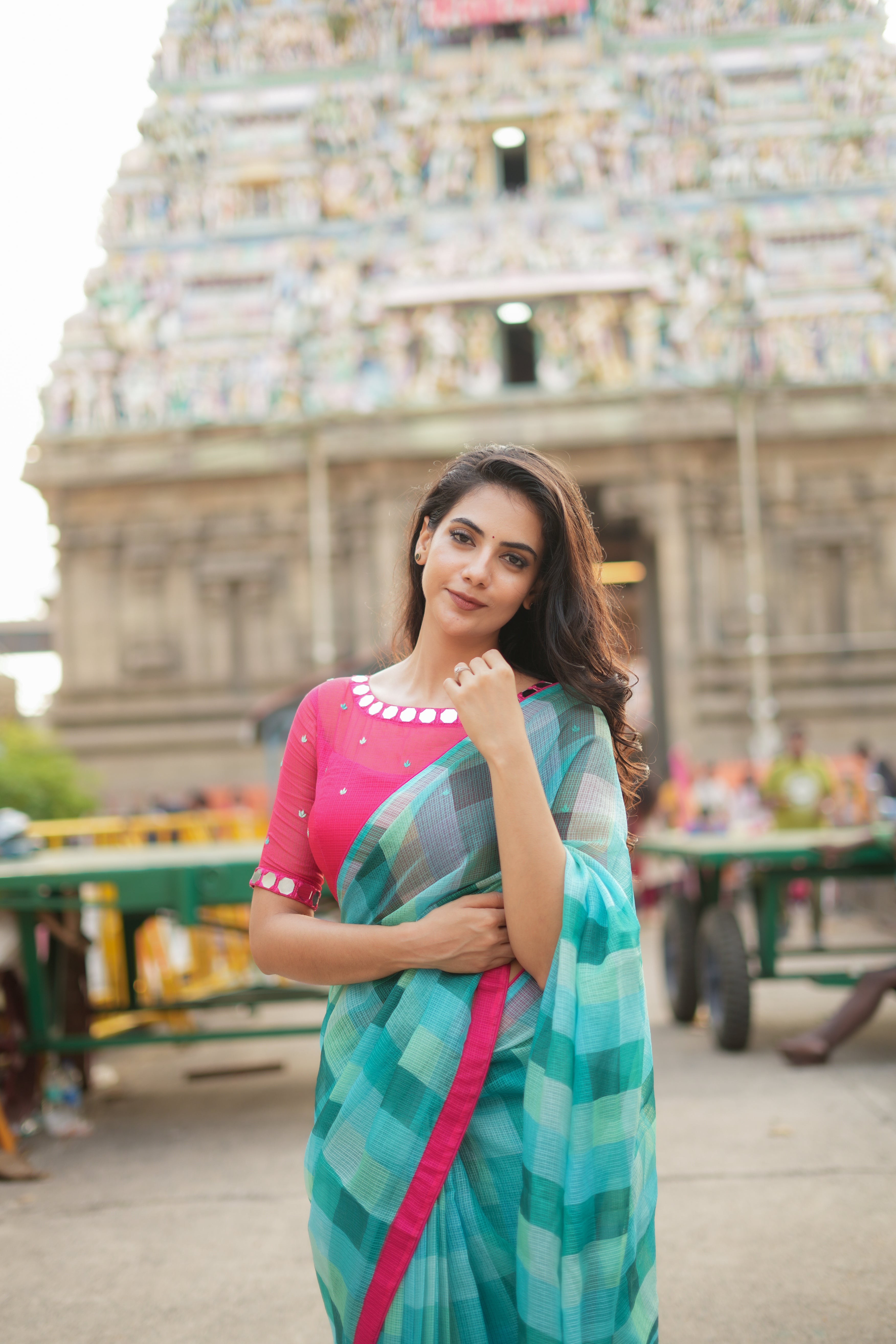 Light blue green kota saree with mirror blouse