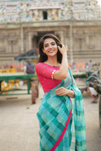 Light blue green kota saree with mirror blouse