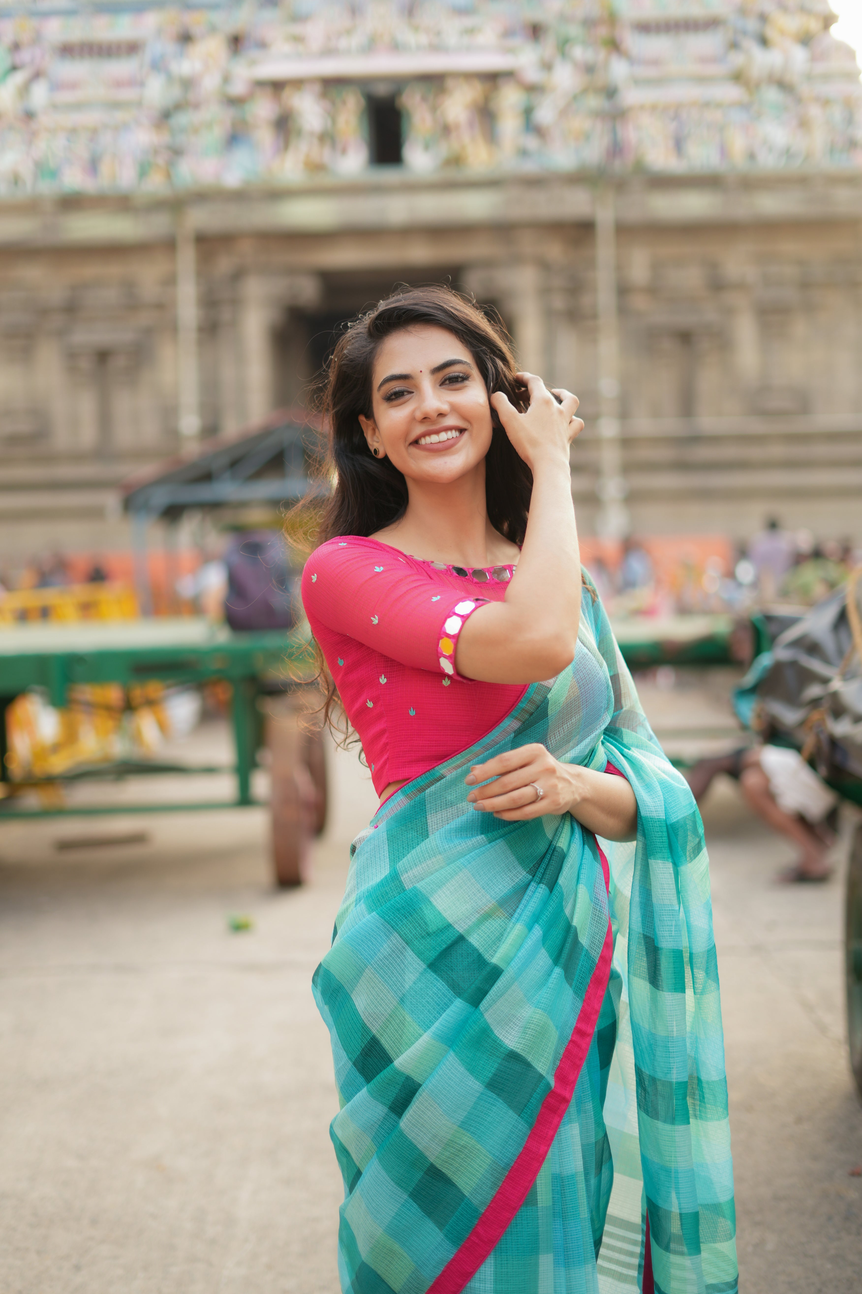 Light blue green kota saree with mirror blouse