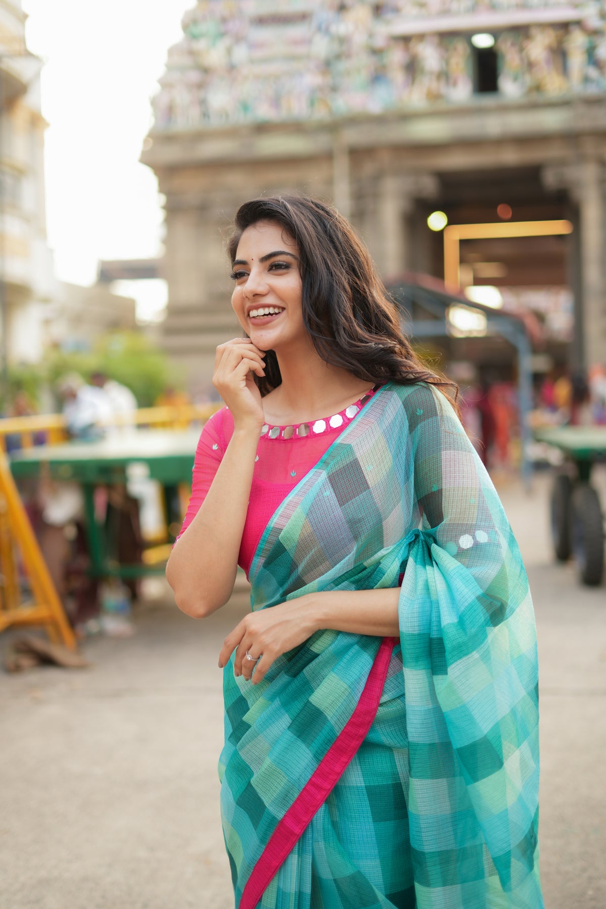 Light blue green kota saree with mirror blouse