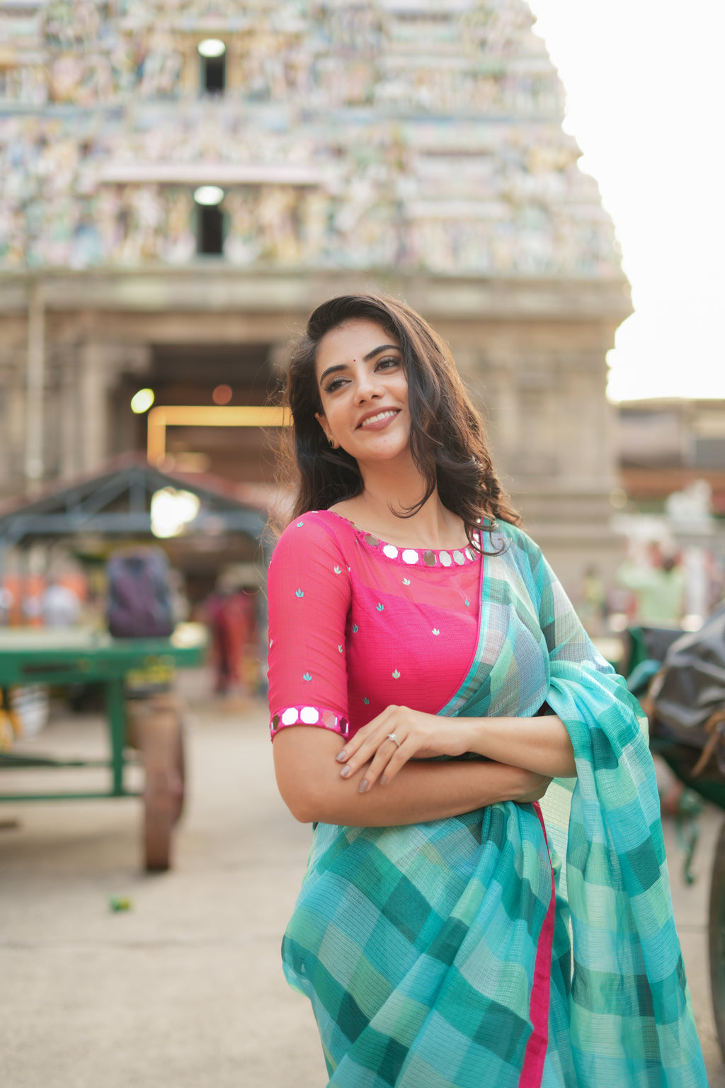 Light blue green kota saree with mirror blouse